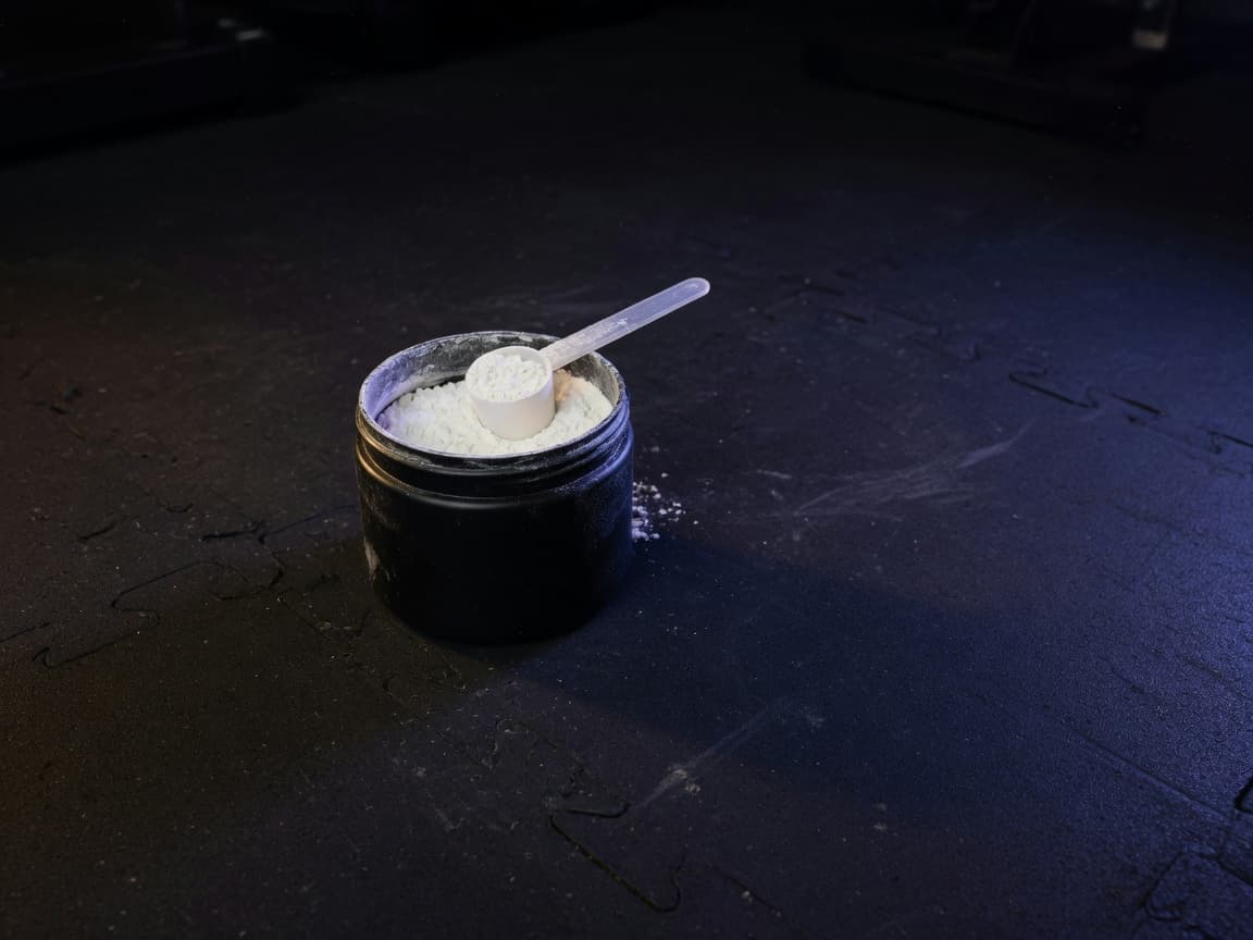 Jar of creatine powder with a scoop