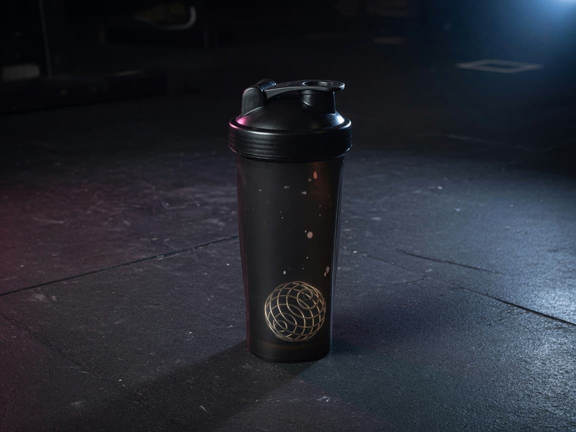 Black protein shaker bottle on a gym floor